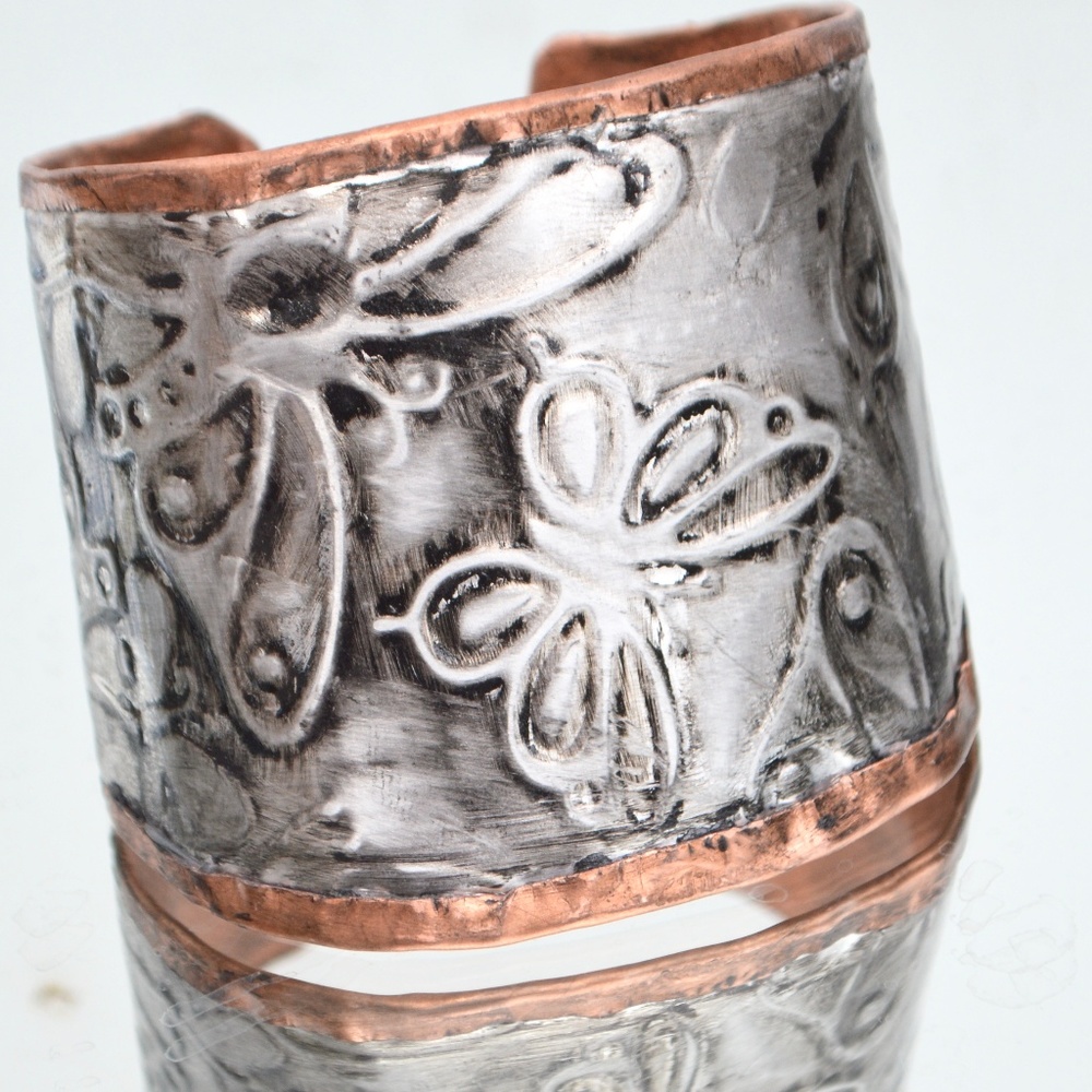 Butterfly Silver Pure Copper Wide Cuff Bracelet Handmade Embossed Rustic Boho - Picture 3 of 7